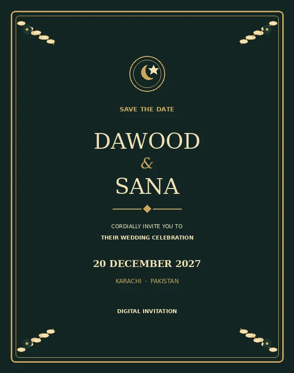 Midnight Gold dark green and gold wedding invitation design concept