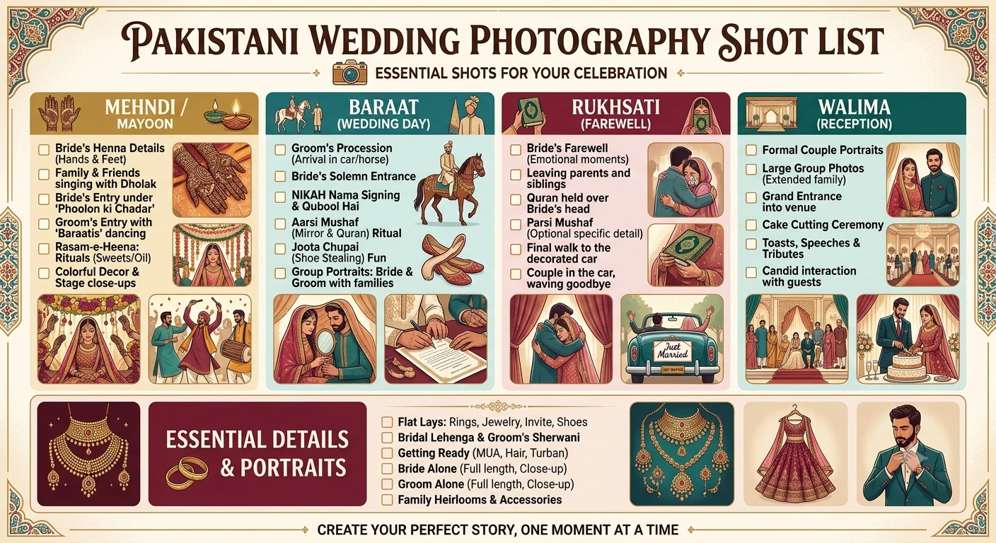 Complete Pakistani Wedding Photography Shot List with bride groom and family portraits