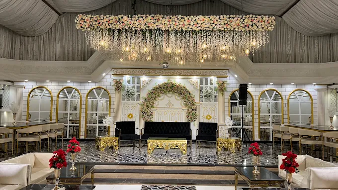 Photo collage displaying the modern exterior facade signage and lavish interior wedding hall decor of Jauhar Inn Banquet in Gulistan-e-Jauhar, Karachi