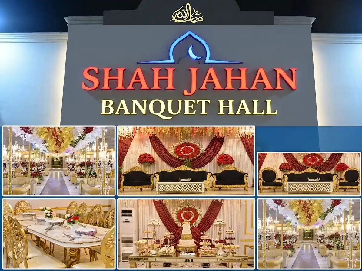 Photo collage showing the main exterior entrance sign and interior decor of Shah Jahan Banquet Hall in Coastguard Korangi, Karachi.