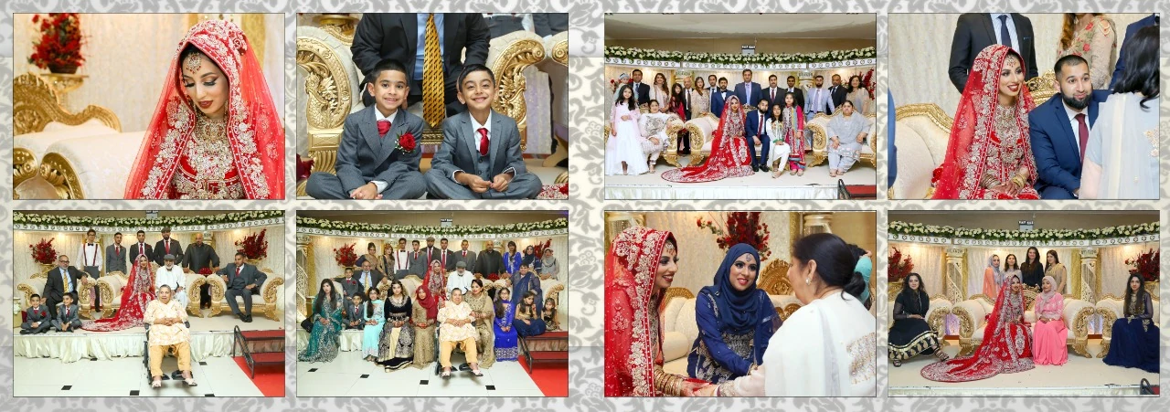 Wedding album family group photo layout with bride and groom in Karachi